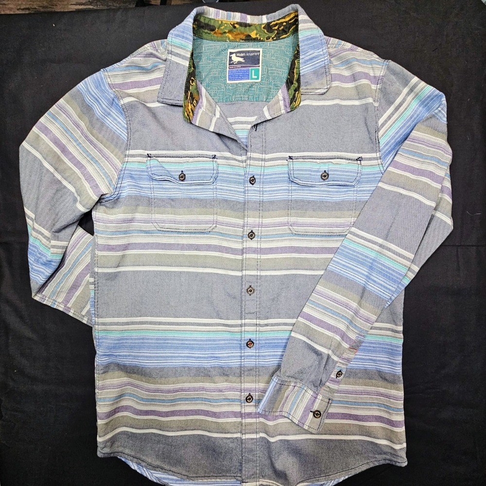 Modern Amusement Mens L Southwestern Stripe Camo Collar Button Up Cotton Shirt